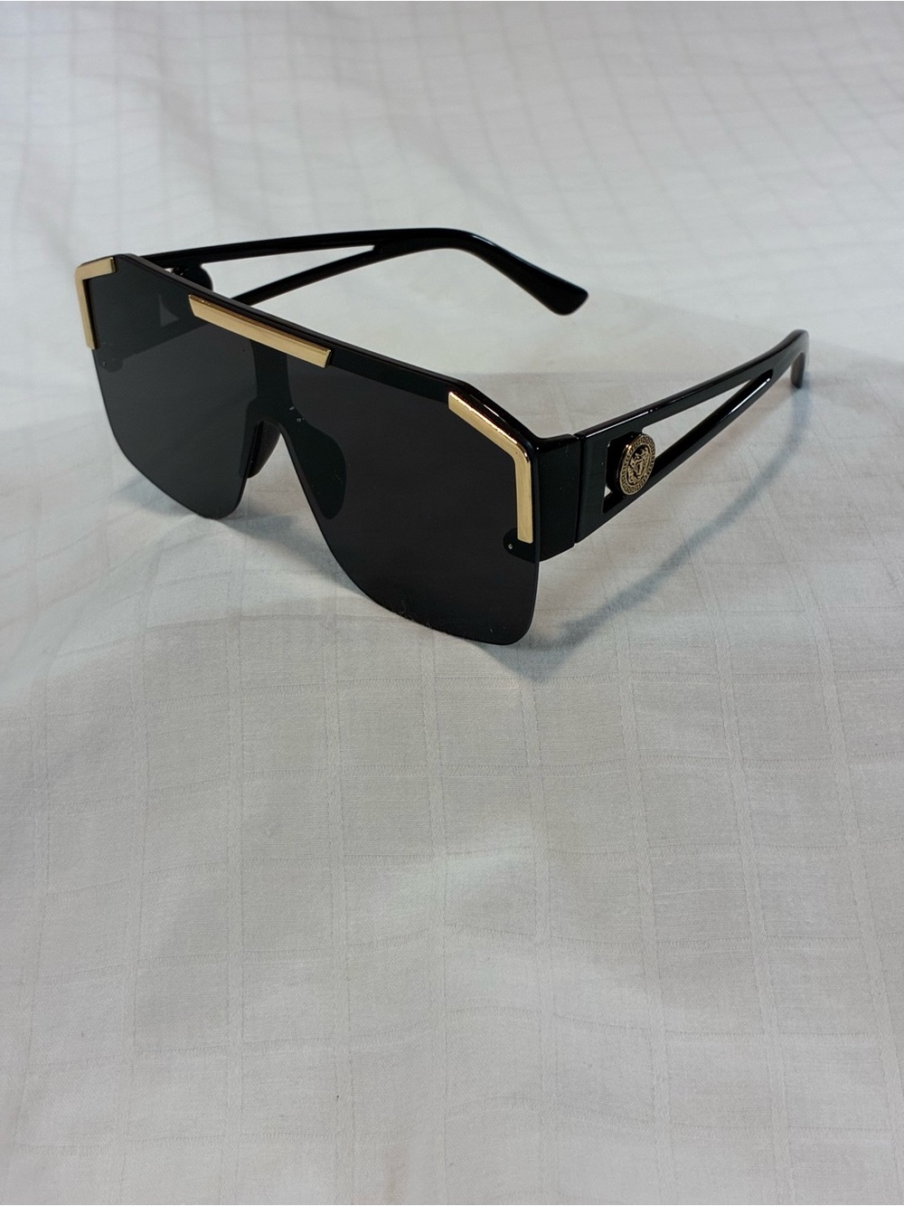 Men’s Black Shield Sunglasses with Gold Trim